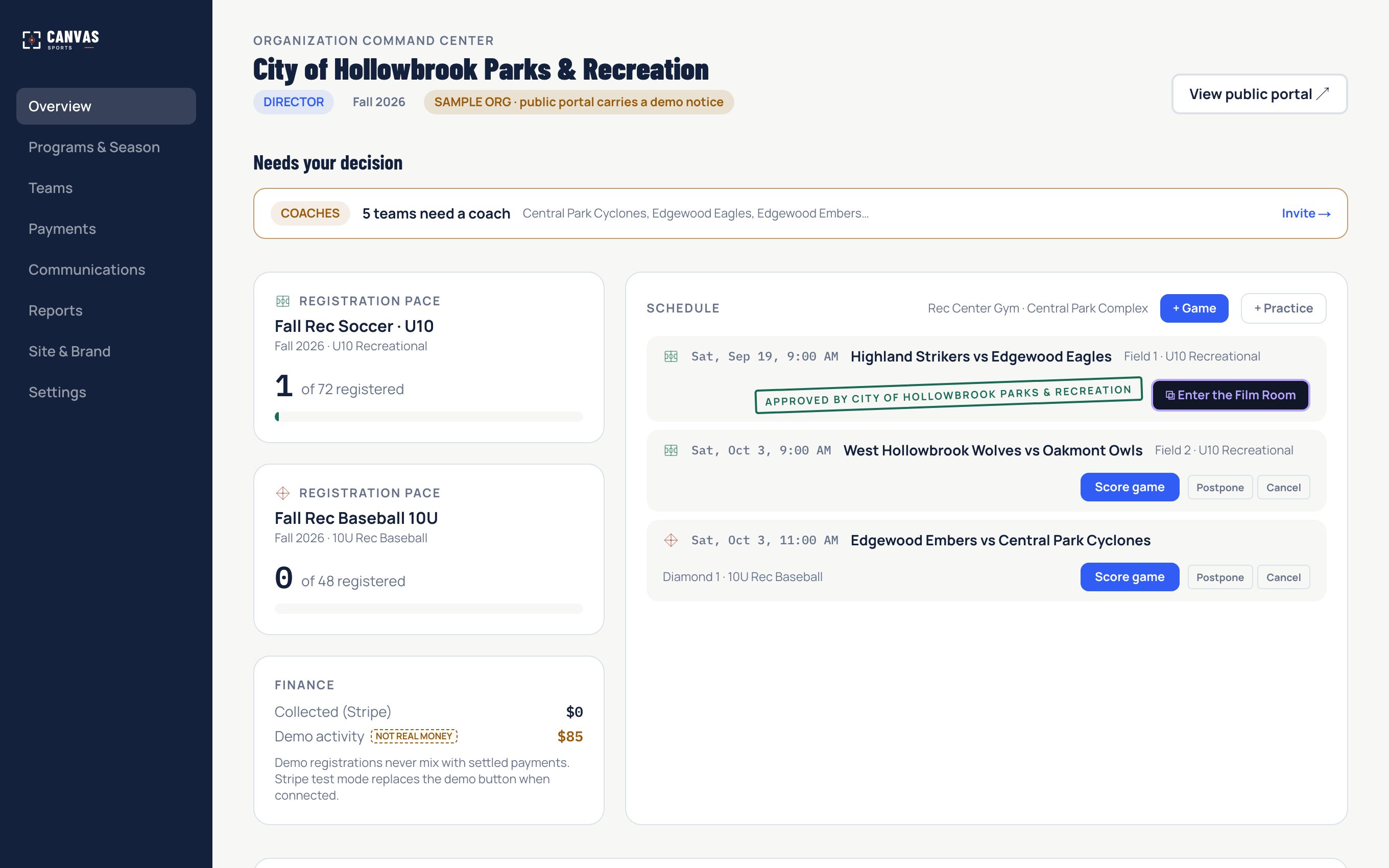 The Canvas Sports command center: a submitted result awaiting approval, a paid registration ready to assign, registration pace, and the schedule