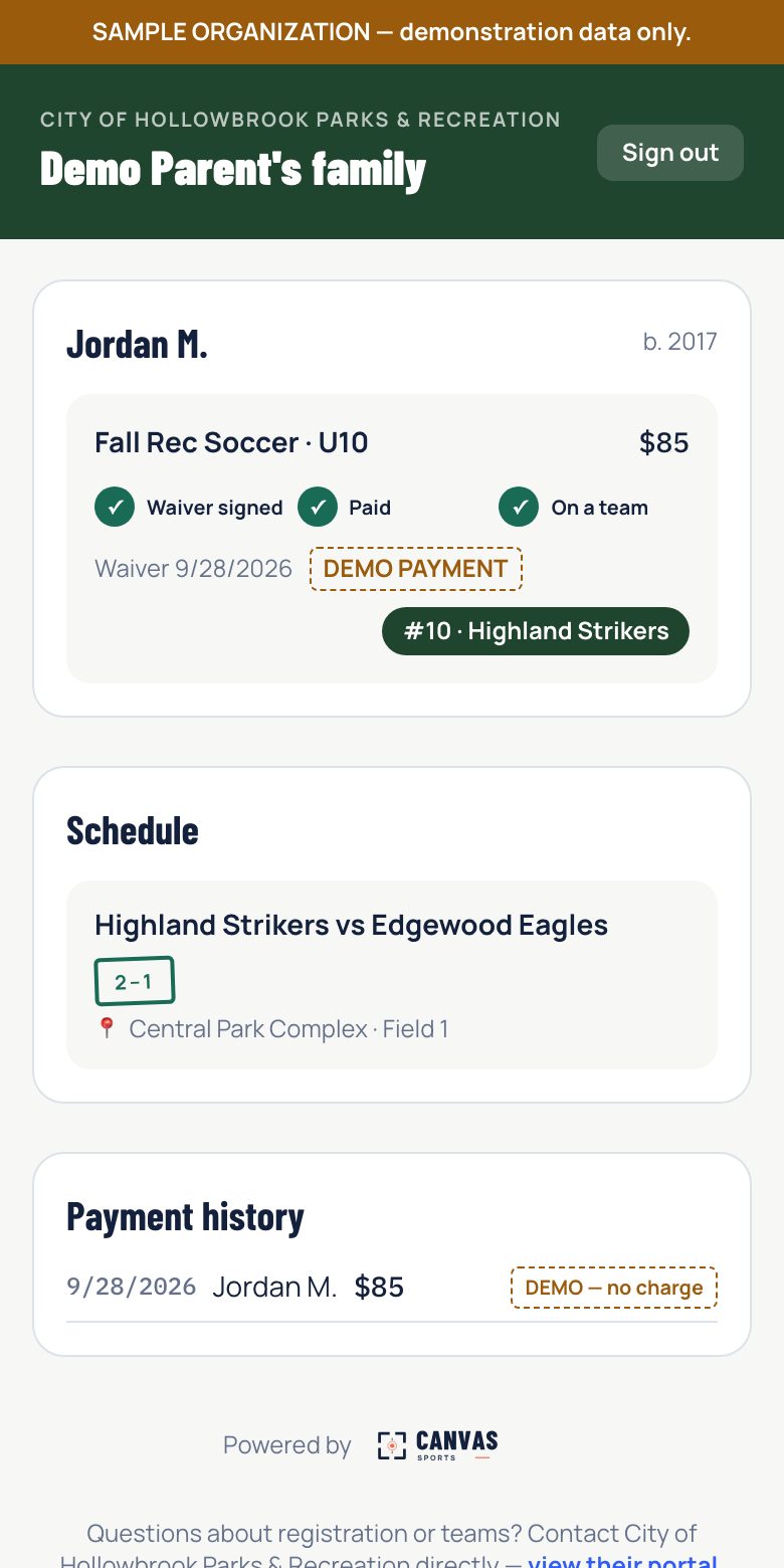 The family portal on a phone: a child's registration pipeline, team badge, schedule with location, and payment history