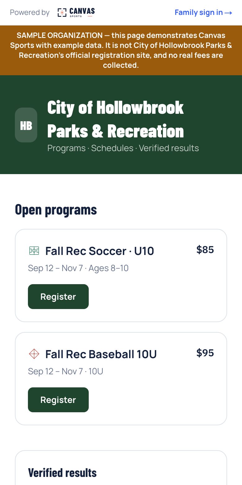 An organization-branded public portal on a phone: programs with fees and verified results, with the sample-organization banner