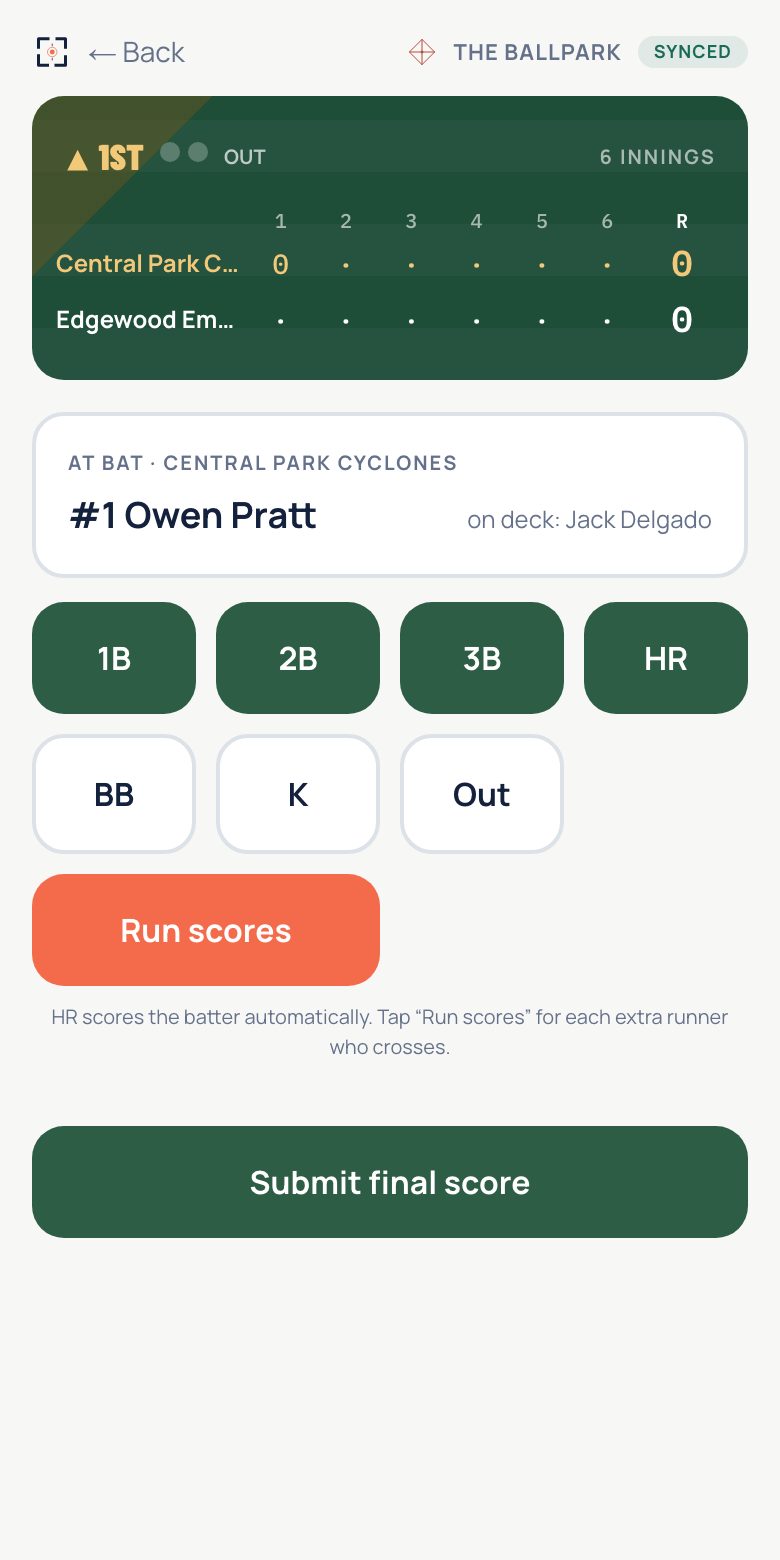 The Ballpark: phone scorebook mid-third-inning with line score and batter